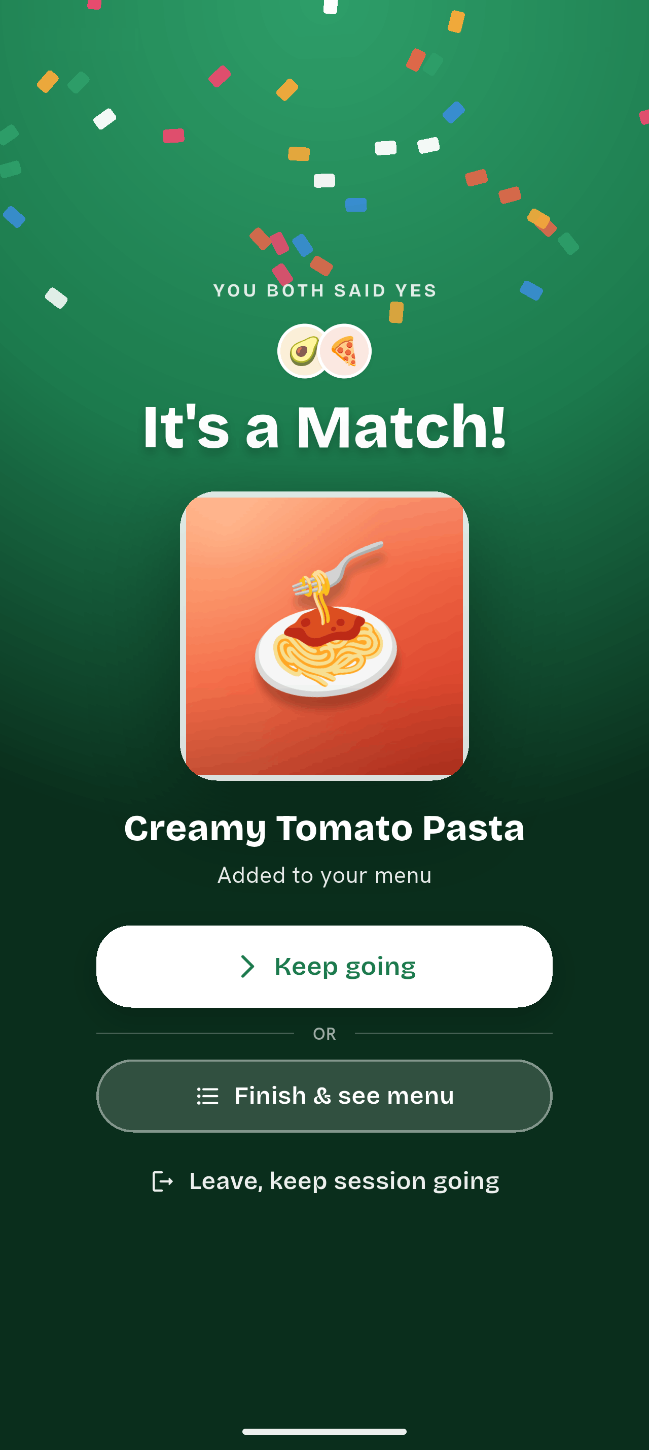 SwipeDish match screen: It's a Match, Creamy Tomato Pasta added to your menu